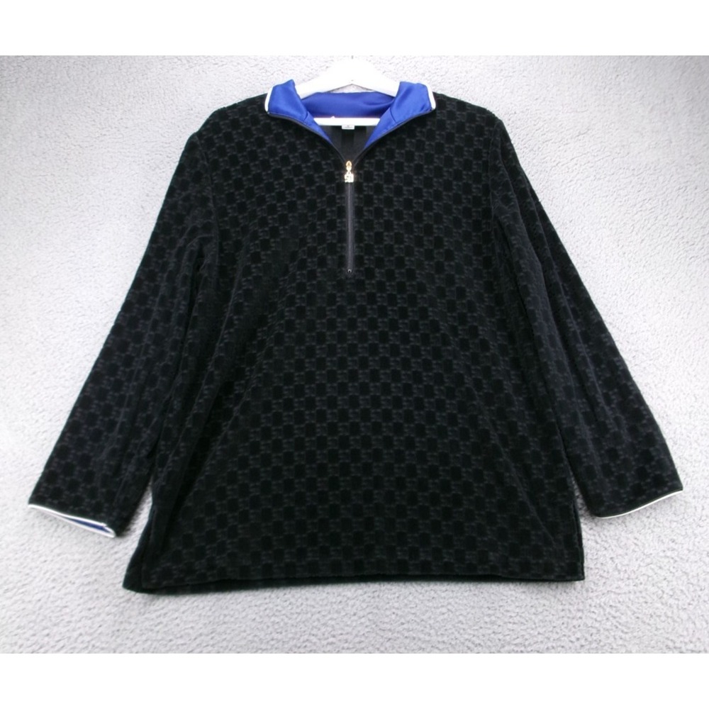 ST JOHN SPORT Sweater MEDIUM‎ Black Velour Textured 1/4 Pullover Vintage